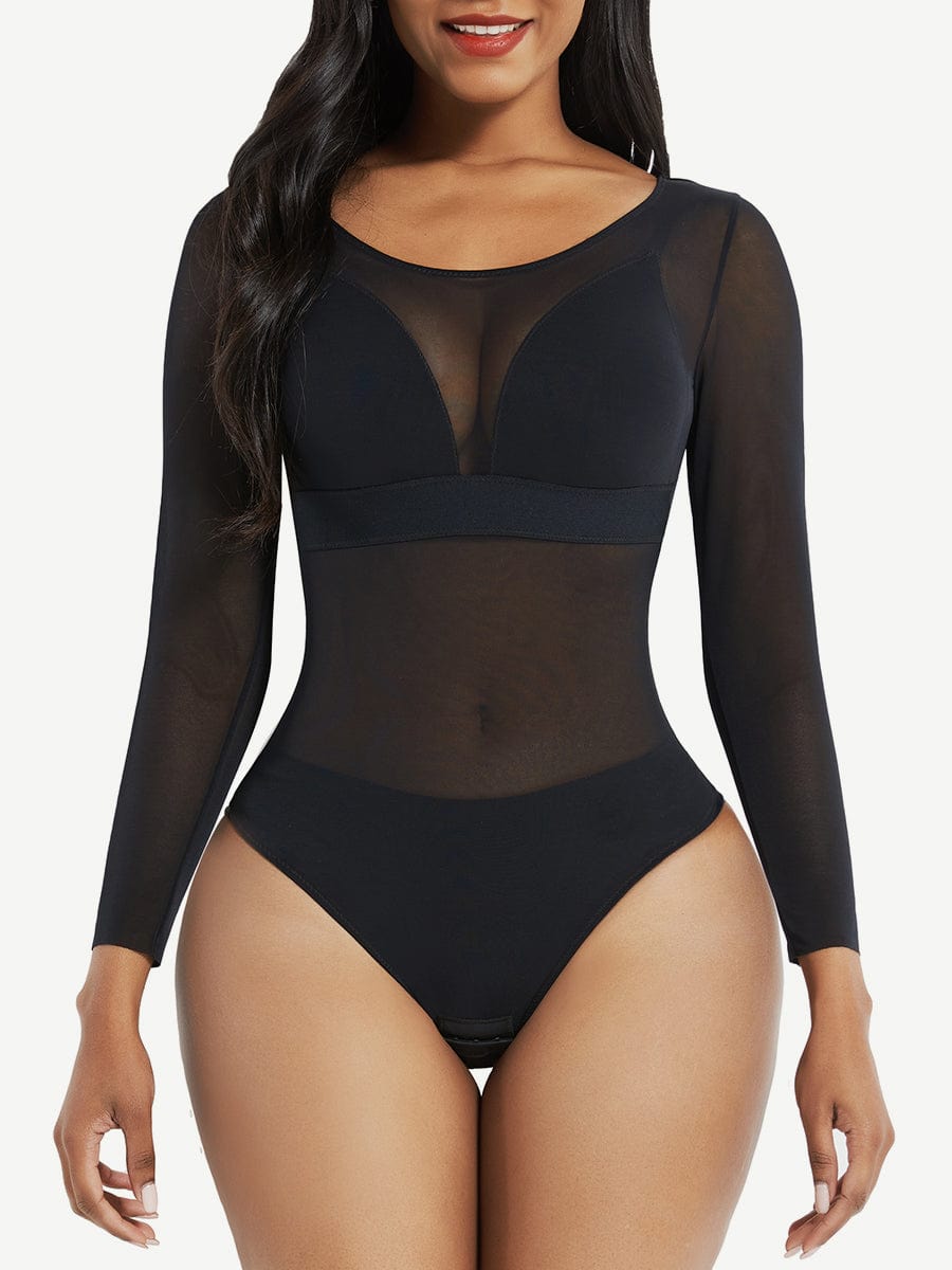 Wholesale Black Long Sleeves Mesh Thong Bodysuit Shapewear Flatten Tummy