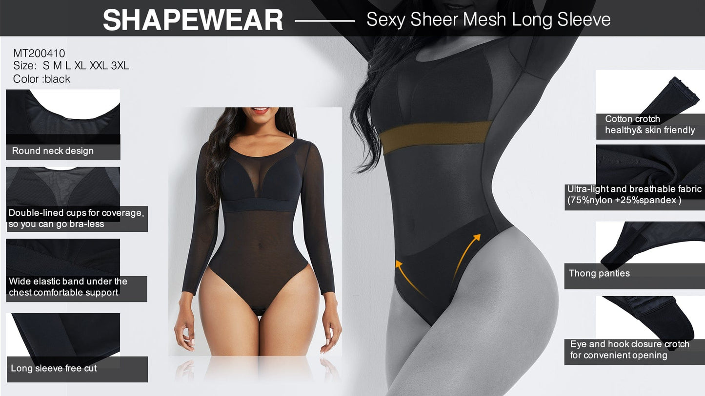 Wholesale Black Long Sleeves Mesh Thong Bodysuit Shapewear Flatten Tummy