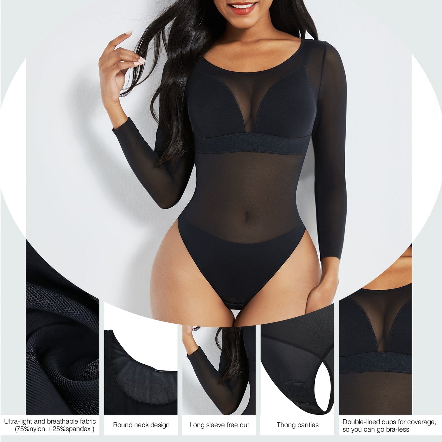 Wholesale Black Long Sleeves Mesh Thong Bodysuit Shapewear Flatten Tummy