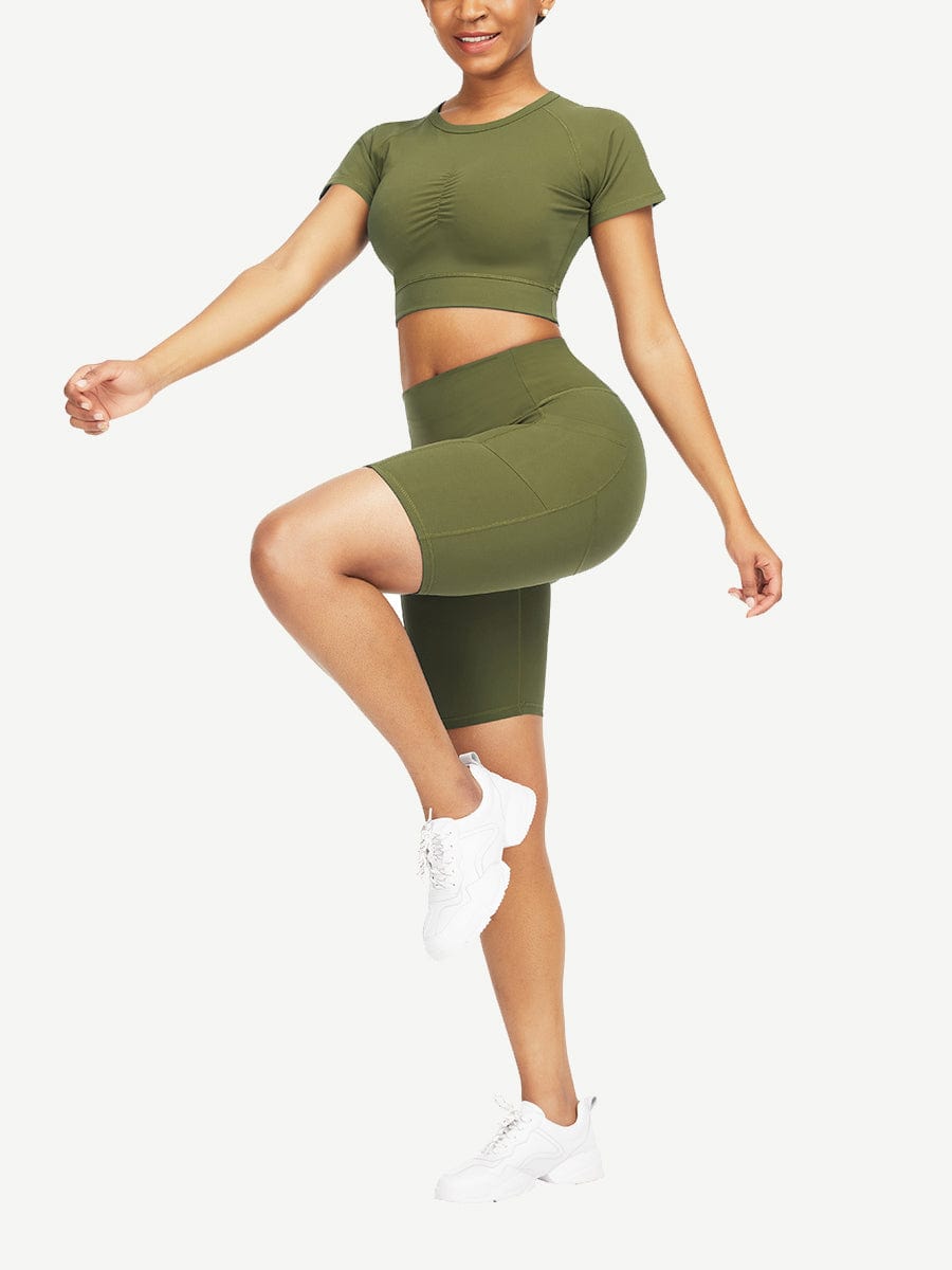 Wholesale Close-Fitting Raglan Sleeve Top High Waist Shorts For Ladies