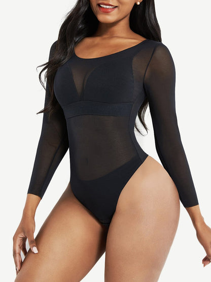 Wholesale Black Long Sleeves Mesh Thong Bodysuit Shapewear Flatten Tummy