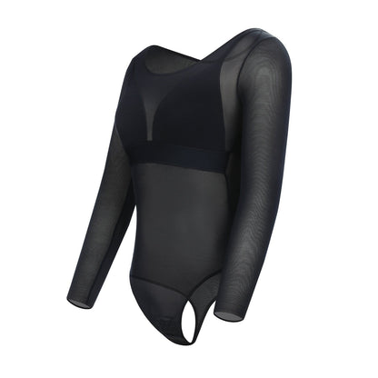 Wholesale Black Long Sleeves Mesh Thong Bodysuit Shapewear Flatten Tummy