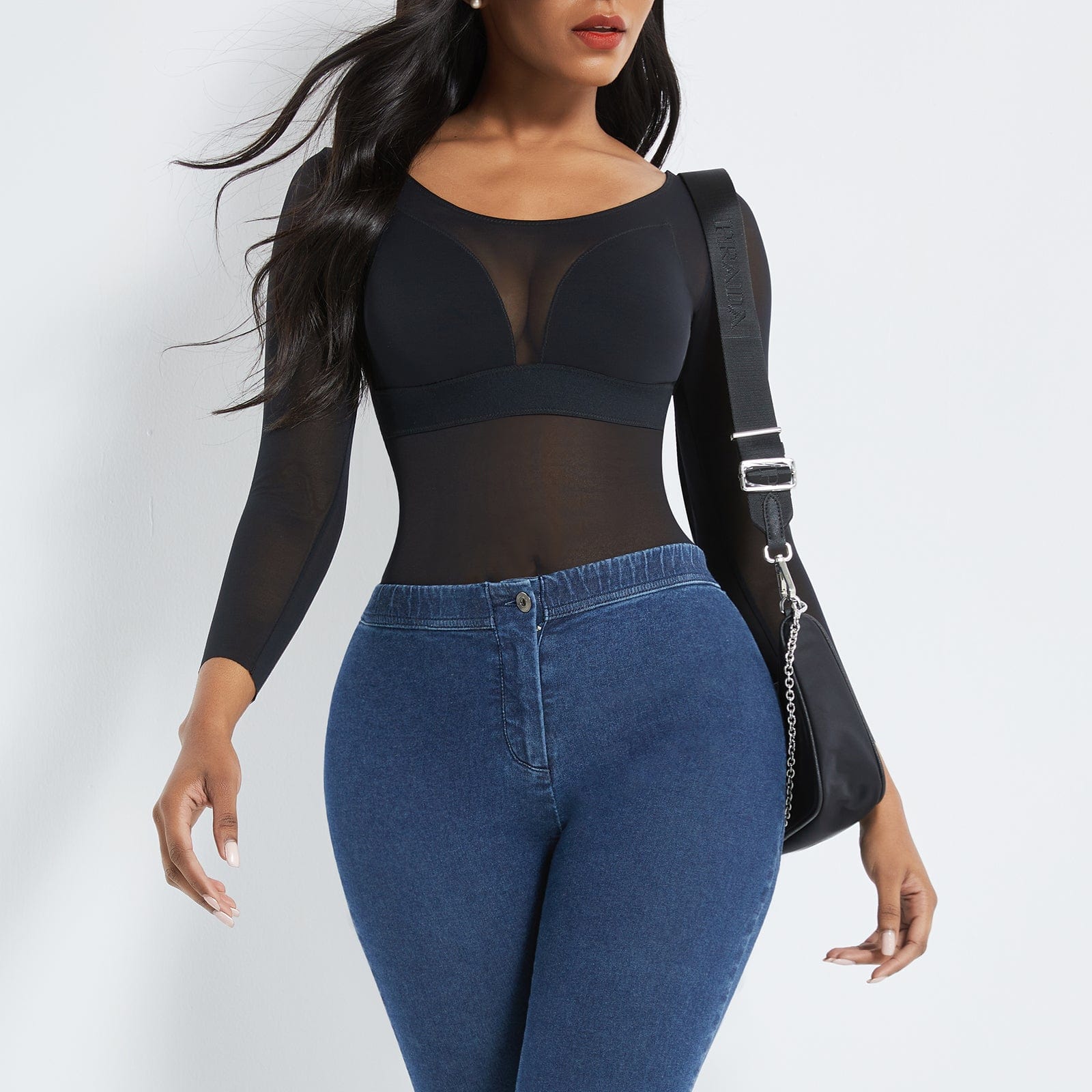 Wholesale Black Long Sleeves Mesh Thong Bodysuit Shapewear Flatten Tummy